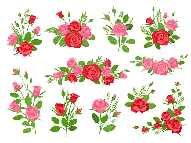 Ramos de flores de rosa y rosa roja de dibujos animados con hojas y hierba Ramo romántico vintage con flores y capullos Conjunto de vector de decoración de rosas de ilustración de flor de flor floral de verano