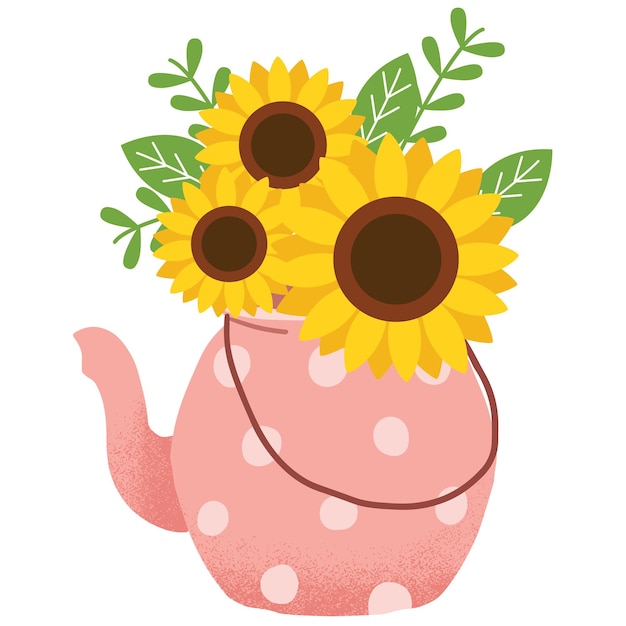 El de ramos de girasoles en el juego de tetera Recurso gráfico sobre la flor con el juego de tetera