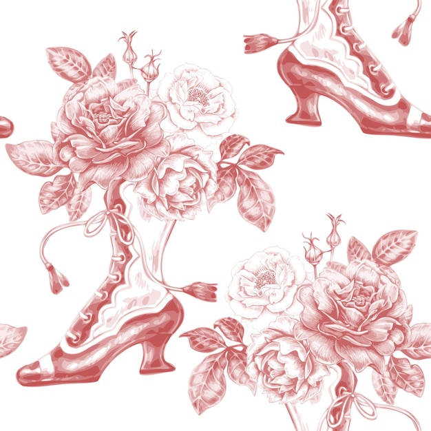 Ramos de rosas y zapatos antiguos diseño de patrones sin fisuras florales vectoriales para papel tapiz de papel textil