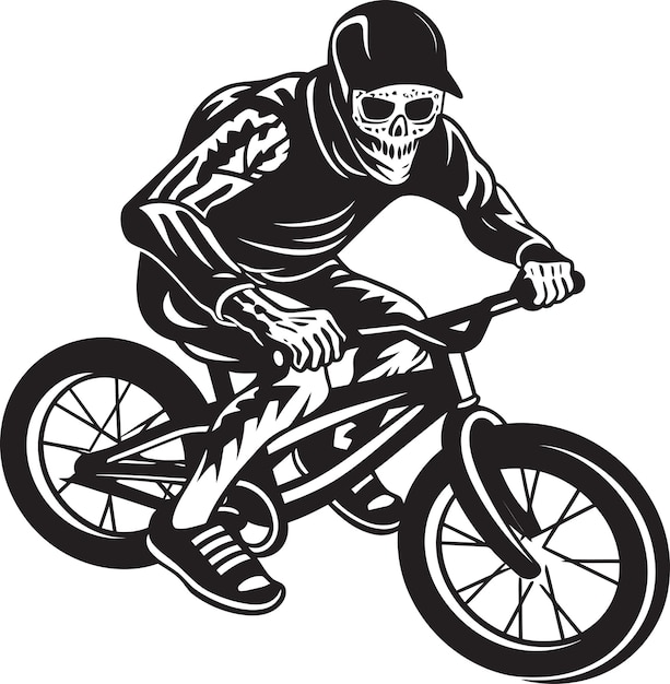 Ramp Rattler Skeleton realizando acrobacias en el ciclo de BMX Logotipo negro Acrobacias esqueléticas Esqueleto montando BMX