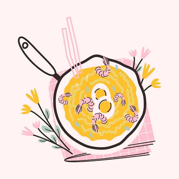 Ramyun o ramen Comida tradicional asiática japonesa coreana con fideos camarones palillos y caldo