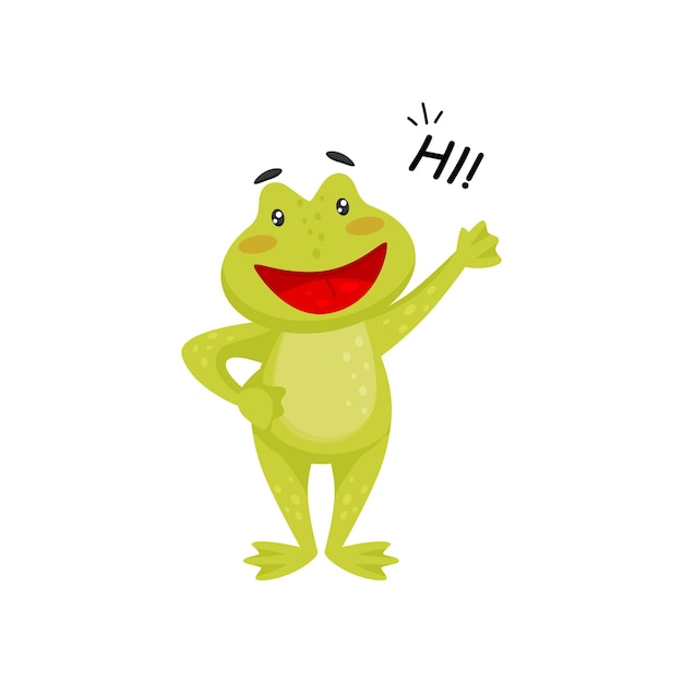 Rana amigable agitando la pata y diciendo Hola alegre sapo verde Personaje de dibujos animados de animal anfibio Elemento gráfico para niños libro Diseño colorido vector plano aislado sobre fondo blanco