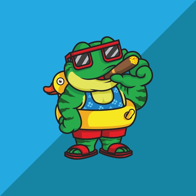 rana con cigarrillo y globo de pato. ilustración