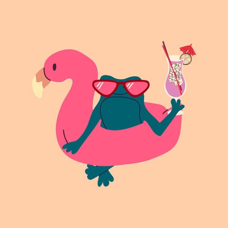 Vector rana de dibujos animados con gafas de sol relajándose con una bebida en un flamenco inflable