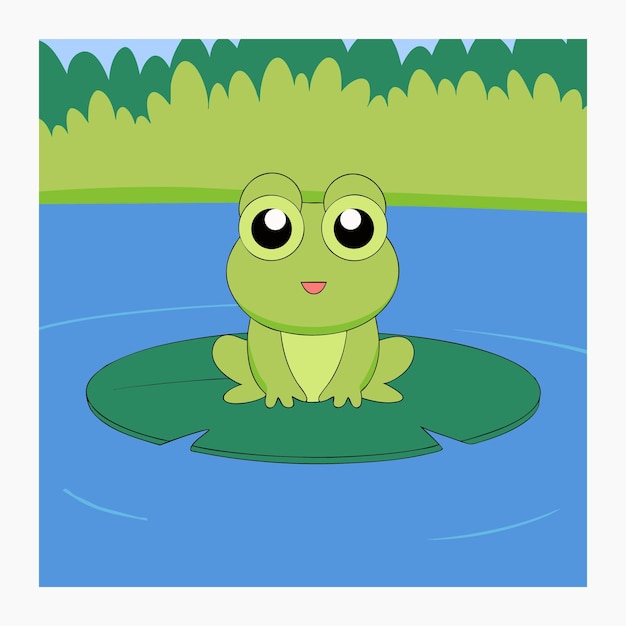 La rana de dibujos animados sonriente en el estanque de niños de Lily Pad