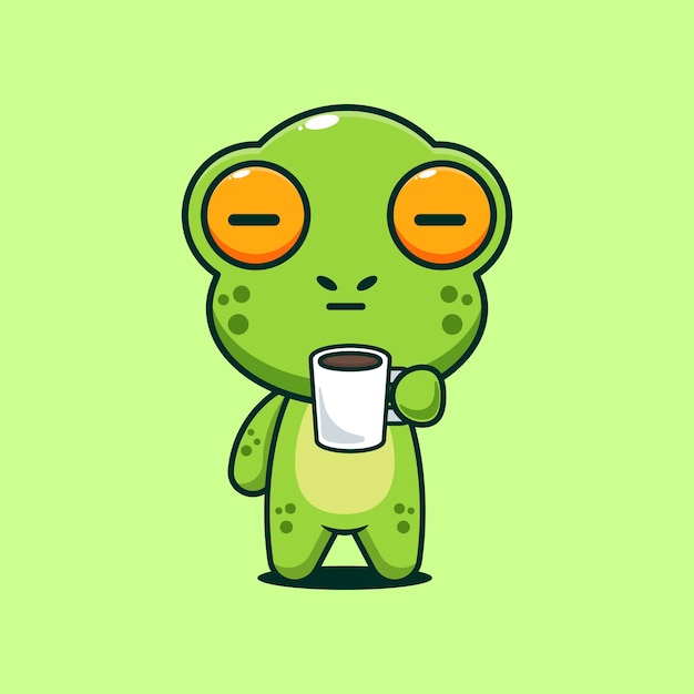 La rana linda está cansada y somnolienta sosteniendo café ilustración vectorial de dibujos animados