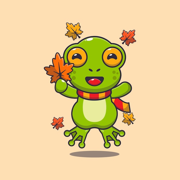 Una rana linda con una hoja de otoño