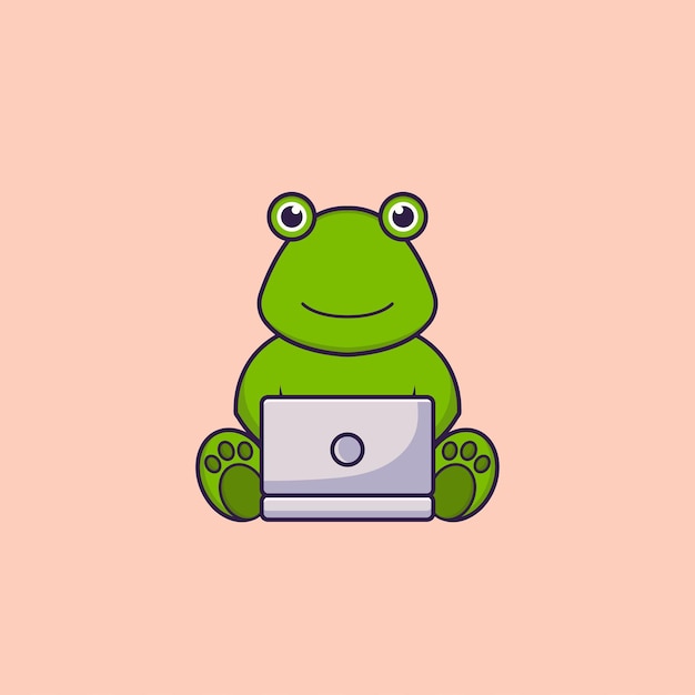 Rana linda usando laptop. Concepto de dibujos animados de animales aislado.