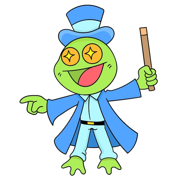 Vector una rana maga en acción mágica, personaje lindo dibujo de doodle