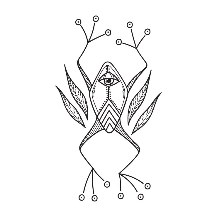 Vector rana mística con ojo vidente rodeada de hojas elemento garabateado para diseño espiritual aislado