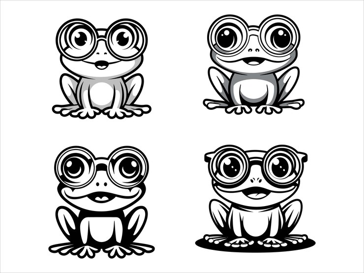 Rana negra y blanca con gafas Ilustración vectorial Silhueta de animal linda sobre fondo blanco