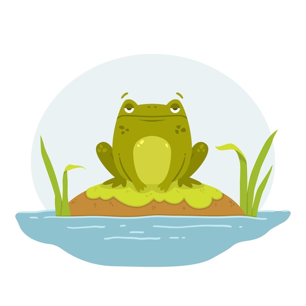 Una rana en un pantano Toad se sienta en una roca Lindo personaje dibujado a mano plana