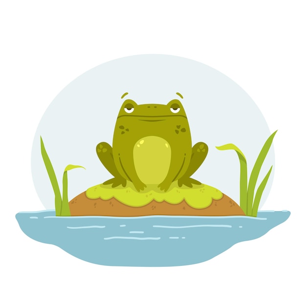 Vector una rana en un pantano toad se sienta en una roca lindo personaje dibujado a mano plana