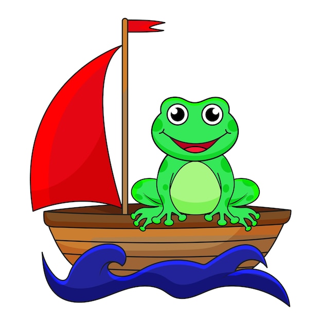 una rana pequeña se sienta en un bote con una vela y se balancea sobre las olas