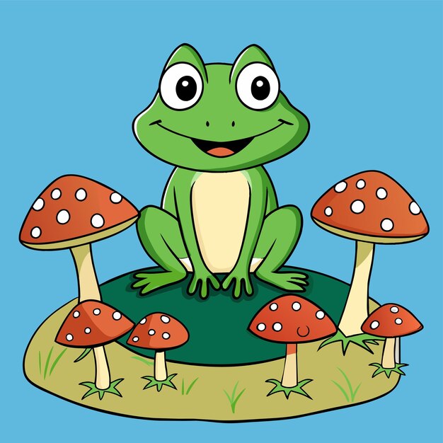 una rana se sienta en un hongo con hongos en el fondo