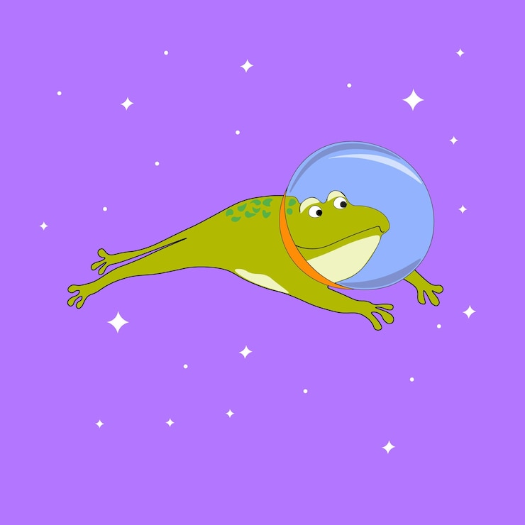 Vector una rana en un traje espacial vuela sobre un fondo morado.
