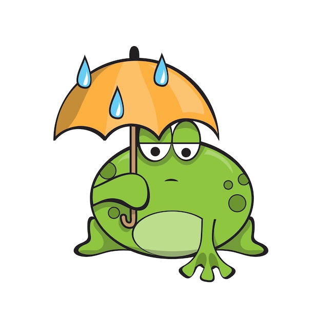 Rana triste bajo un paraguas. Clima lluvioso. Personaje divertido de dibujos animados en blanco