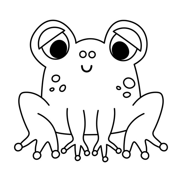 Vector rana vectorial en blanco y negro animal divertido del pantano del bosque ilustración linda de la línea del bosque para niños aislados en fondo blanco esquema de sapo sentado iconxa