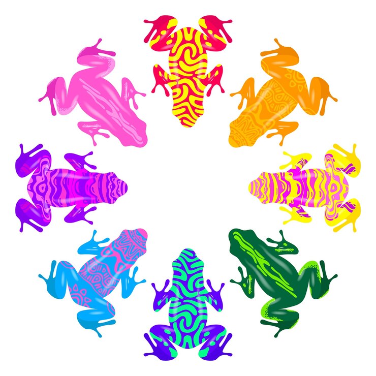 Vector ranas de colores dispuestas en círculo