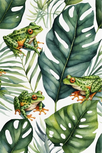 Ranas en hojas botánicas estilo de acuarela ilustración arte vectorial