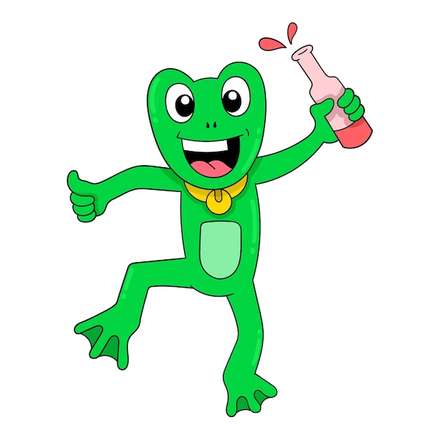 Las ranas son felices de fiesta sosteniendo botellas de cerveza doodle icono imagen kawaii