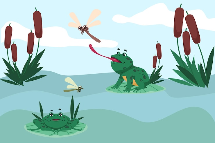 Vector ranas verdes de dibujos animados sentadas en hojas de lirio de agua anfíbios salvajes atrapando libélulas ranas felices divertidas ranas animales acuáticos croando estanque con cañas ilustración vectorial