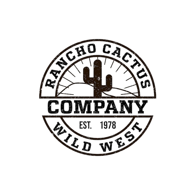 Rancho con logo redondo con la imagen de un cactus. Estilo vintage, fondo cutre, colores monocromáticos. el emblema del salvaje oeste