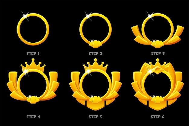 Rango de juego de marco dorado, plantilla de avatar redondo, animación de 6 pasos para el juego.