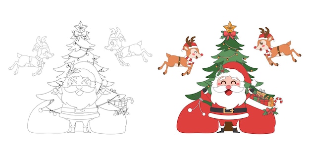 Rano de Papá Noel con bolsa de regalos de Navidad y árbol de Navidad Arte de línea temática de Navidad Ilustración de dibujos animados Libro de colorear para niños Feliz Navidad