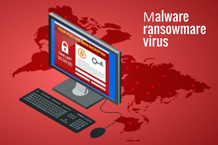 Vector ransomware, software malicioso que bloquea el acceso a los datos de las víctimas. red de ataques de piratas informáticos. ilustración vectorial isométrica. concepto de delincuencia en internet. hackeo de cuentas bancarias de virus de spam de correo electrónico.