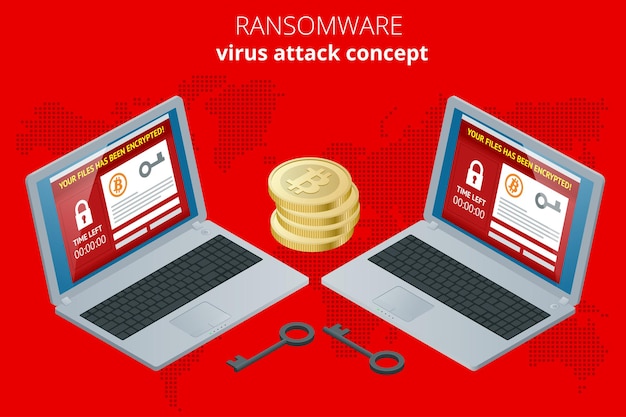 Ransomware, software malicioso que bloquea el acceso a los datos de las víctimas. Red de ataques de piratas informáticos. Ilustración vectorial isométrica. Concepto de delincuencia en Internet. Hackeo de cuentas bancarias de virus de spam de correo electrónico.
