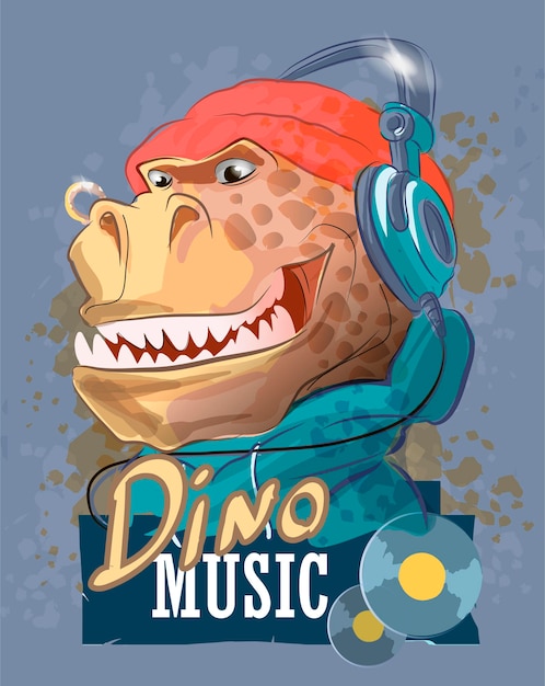 Rapero de dinosaurio en auriculares y una ilustración de sombrero