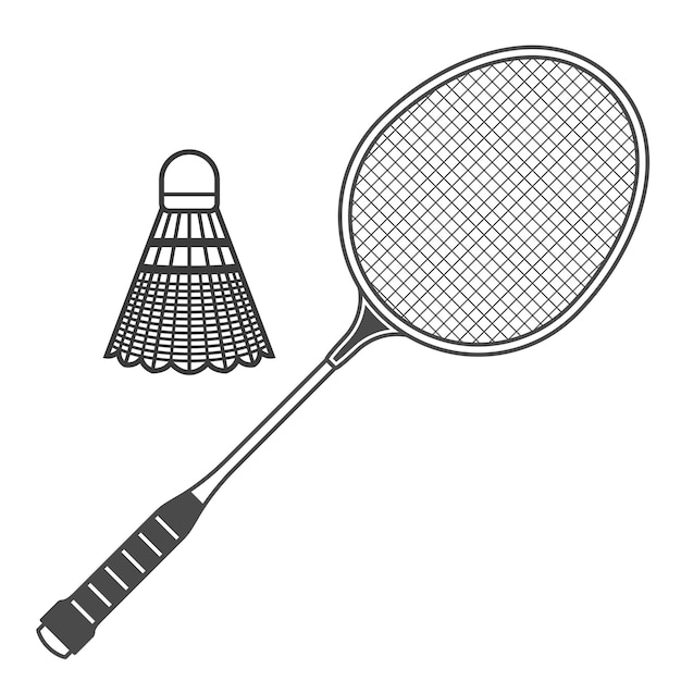 Raqueta de bádminton y pelota de bádminton de volante con vector de emblema de pluma y cohete