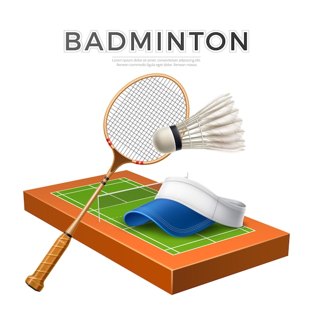 Raqueta de bádminton realista con volante y gorra de tenis en el patio de recreo diseño deportivo vectorial