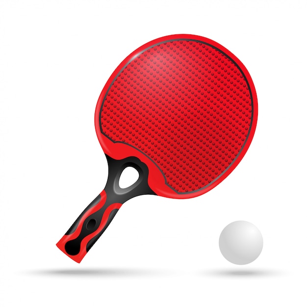 Raqueta roja para ping-pong y pelota.