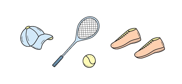 La raqueta de tenis y el estilo de garabateo de la pelota de tenis aislados en una ilustración vectorial blanca