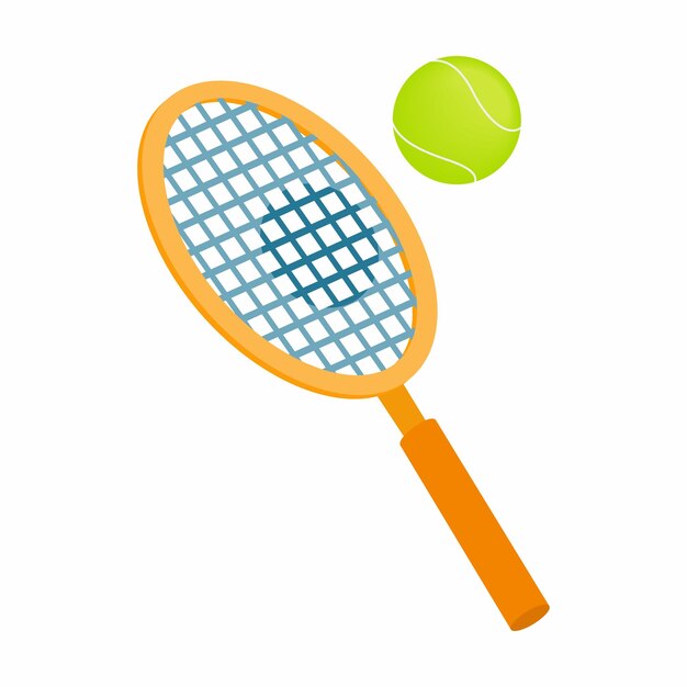 Raqueta de tenis con un icono de pelota de tenis en estilo 3D isométrico sobre un fondo blanco