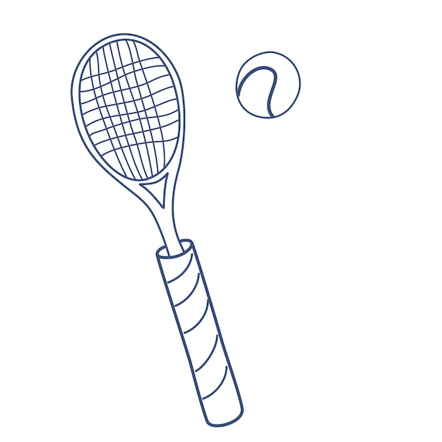 Raqueta de tenis y pelota bádminton o raqueta de tenis de mesa arte de línea de equipo deportivo vector mano dibujar doodle ilustración aislado en el fondo blanco