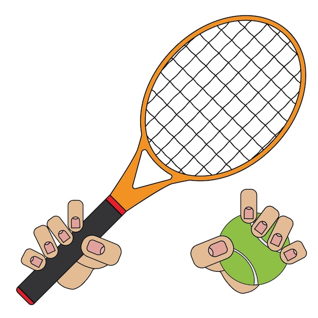 Raqueta de tenis y pelota en manos imagen aislada sobre fondo blanco en estilo de dibujos animados en gráfico vectorial