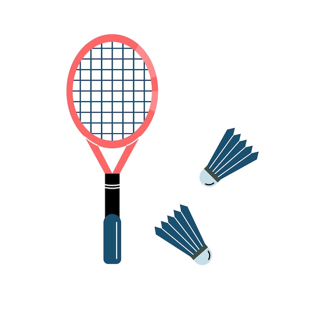 Raqueta de bádminton y pelota de bádminton de volante con vector de emblema  de pluma y cohete