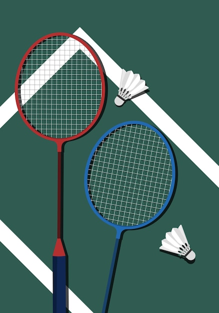 Raquetas de bádminton y lanzaderas en línea blanca Ilustración vectorial Bádminton en la cancha