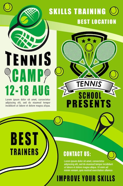 Vector raquetas y pelotas de tenis campamento deportivo