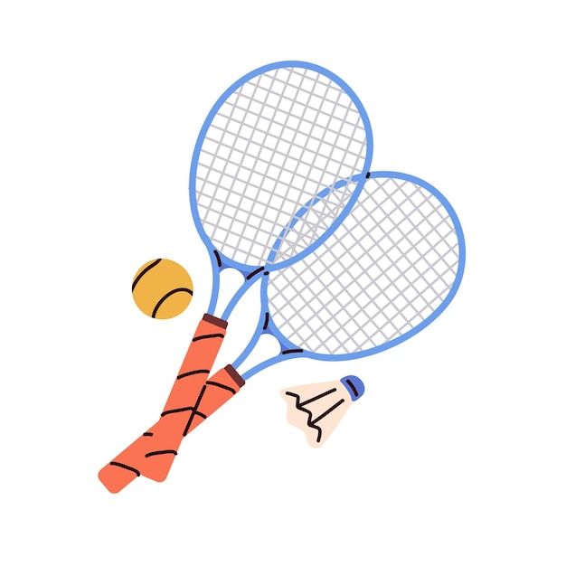 Vector raquetas de tenis pelota de bádminton lanzadera raquetas cruzadas equipo de juego deportivo para jugar al tenis ilustración vectorial gráfica plana aislada sobre fondo blanco