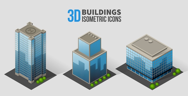 Vector rascacielos con árboles, edificios isométricos de vidrio y hormigón.