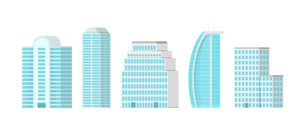Rascacielos de la ciudad aislados sobre fondo blanco. Rascacielos con fachadas de cristal brillante en el centro de la ciudad. Ilustración plana moderna.