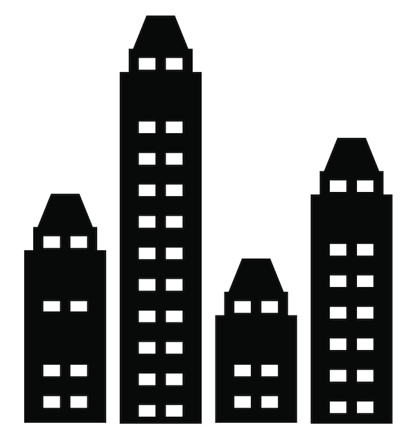 Vector un rascacielos negro plano y un conjunto de siluetas de edificios de poca altura