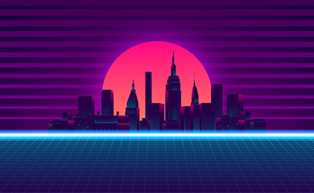 Vector rascacielos de silueta urbana de gran ciudad edificio puesta de sol neón azul rosa púrpura color retro 80 estilo vintage con fondo degradado