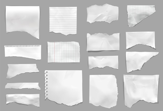 Rasgado rasgado de las páginas comprobadas del cuaderno, fragmentos de papel forrado de la universidad, fondo gris, conjunto realista, ilustración vectorial aislada