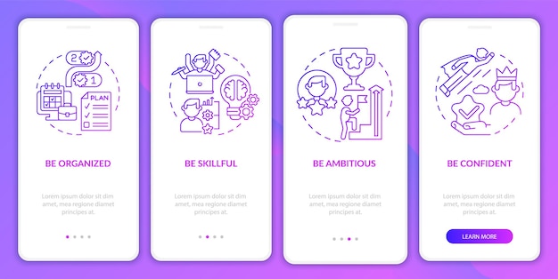 Rasgos para el avance profesional en la pantalla de la página de la aplicación móvil de incorporación púrpura. tutorial de éxito instrucciones gráficas de 4 pasos con conceptos. ui, ux, plantilla de vector de gui con ilustraciones en colores lineales