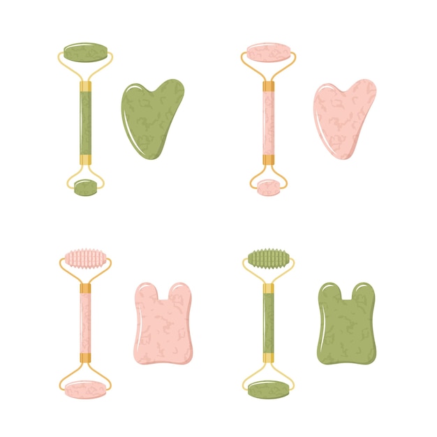 Raspador de gua sha y rodillo de jade para masaje facial.